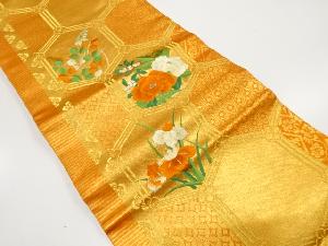 亀甲繋ぎに牡丹・萩・菖蒲模様　刺繍　名古屋帯